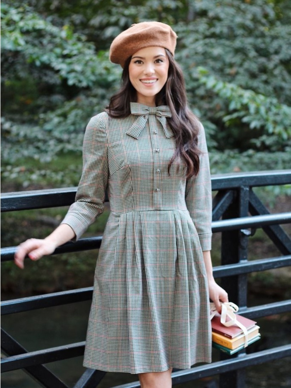 Gal meets glam Blanche plaid houndstooth fitflare dress bow long sleeve academia